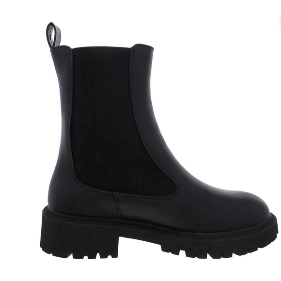 NEW French Connection Black Reye Vegan Leather Lugged Sole Chelsea Boots - Picture 1 of 3